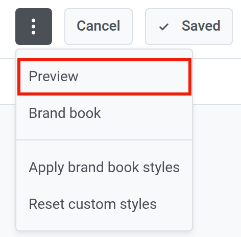 Three-dot menu at the top of the page builder with the Preview option highlighted