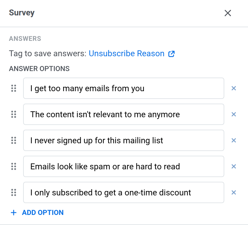 Survey block settings with the Unsubscribe Reason tag and the list of answer options