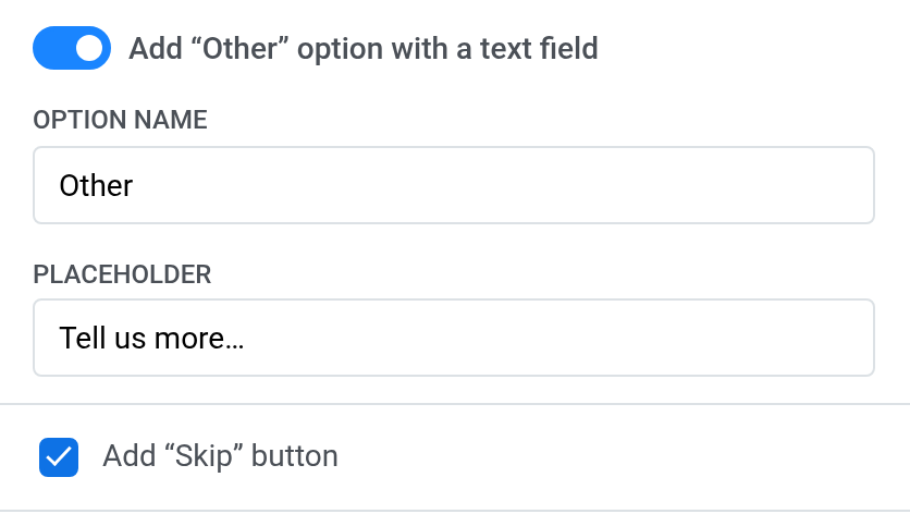 Survey block settings with the Other option switch, Option name and Placeholder fields, and the Add Skip button checkbox