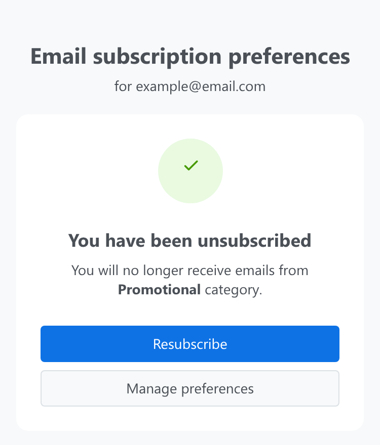 Unsubscribed from category page with Resubscribe and Manage preferences buttons