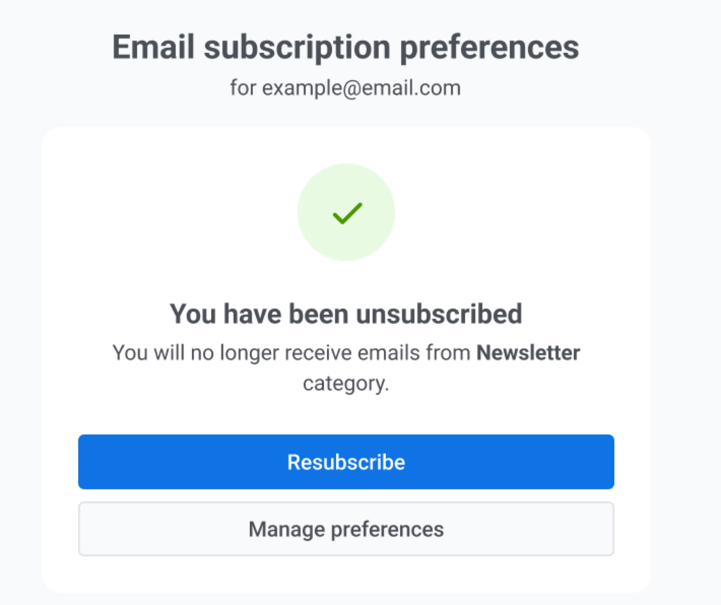 Unsubscribe confirmation screen with Resubscribe and Manage preferences options