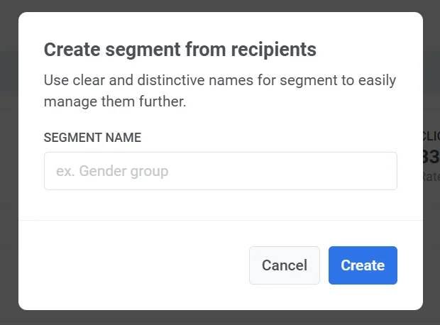 Create segment from recipients option in dropdown menu for creating audience segments from email metrics