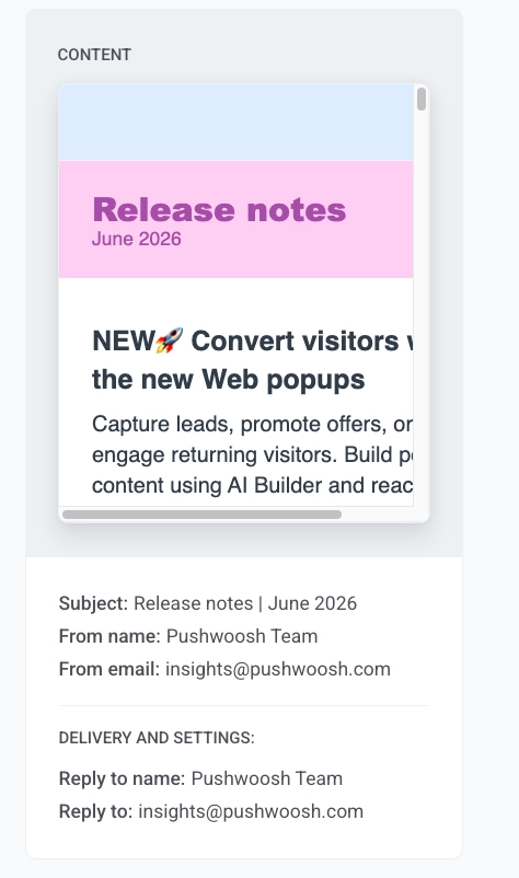 Content panel showing email subject, from fields, preview, and Delivery and settings