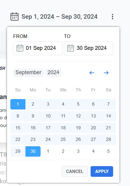 Date range picker interface for selecting custom time period in email statistics