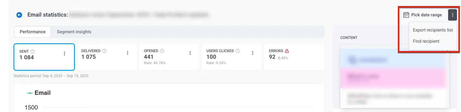 Three-dot menu in Email Statistics section showing Export recipients list option