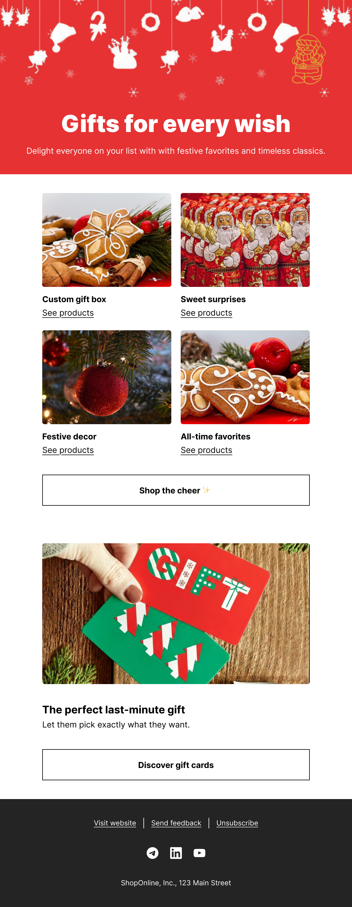 Holiday season product catalog email template showcasing festive gift ideas and seasonal items