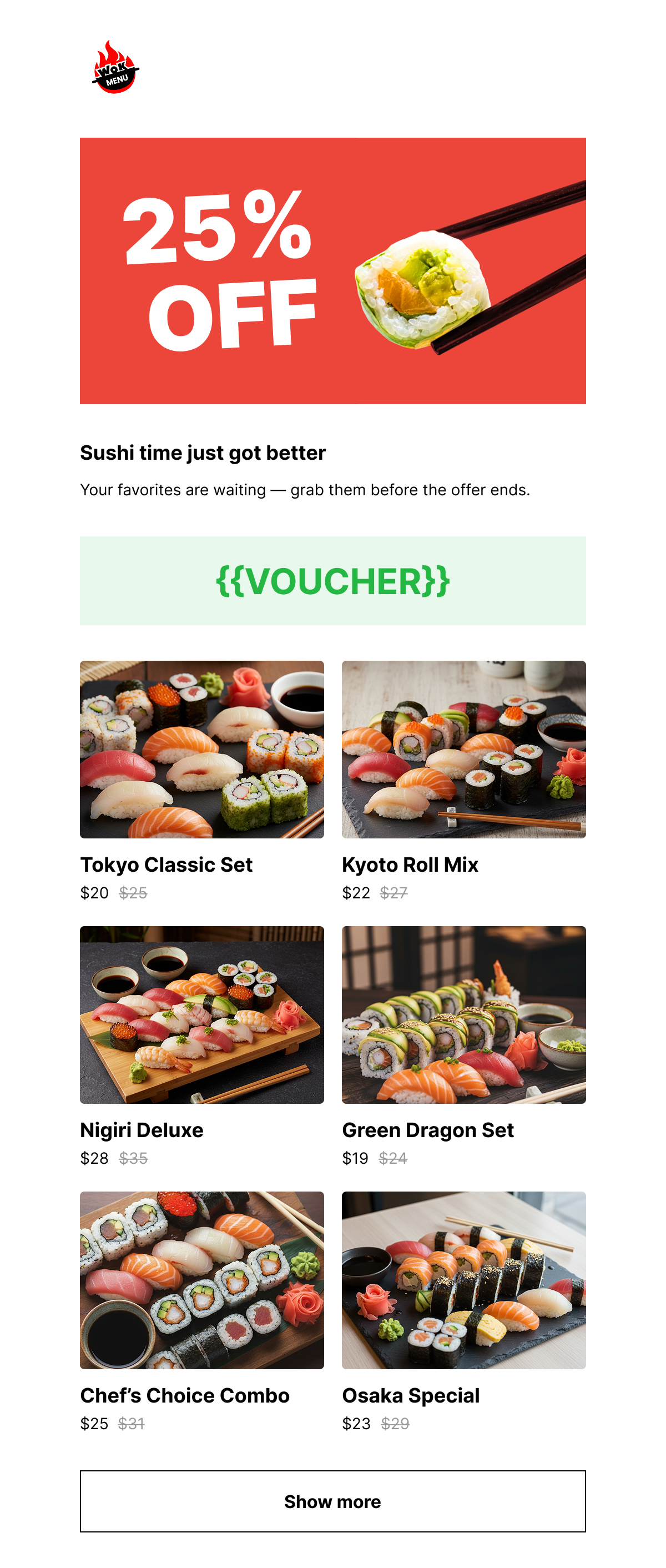 Food promo email template with bold visual and personal voucher code for restaurant or delivery service