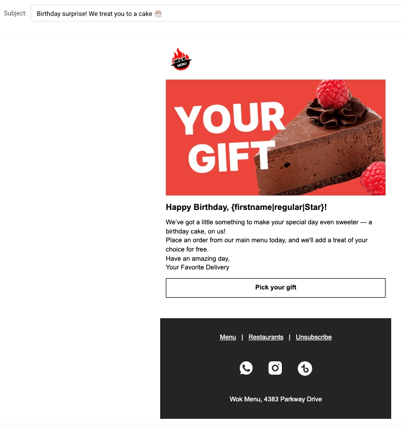 Birthday email template with chocolate cake and personalized gift message
