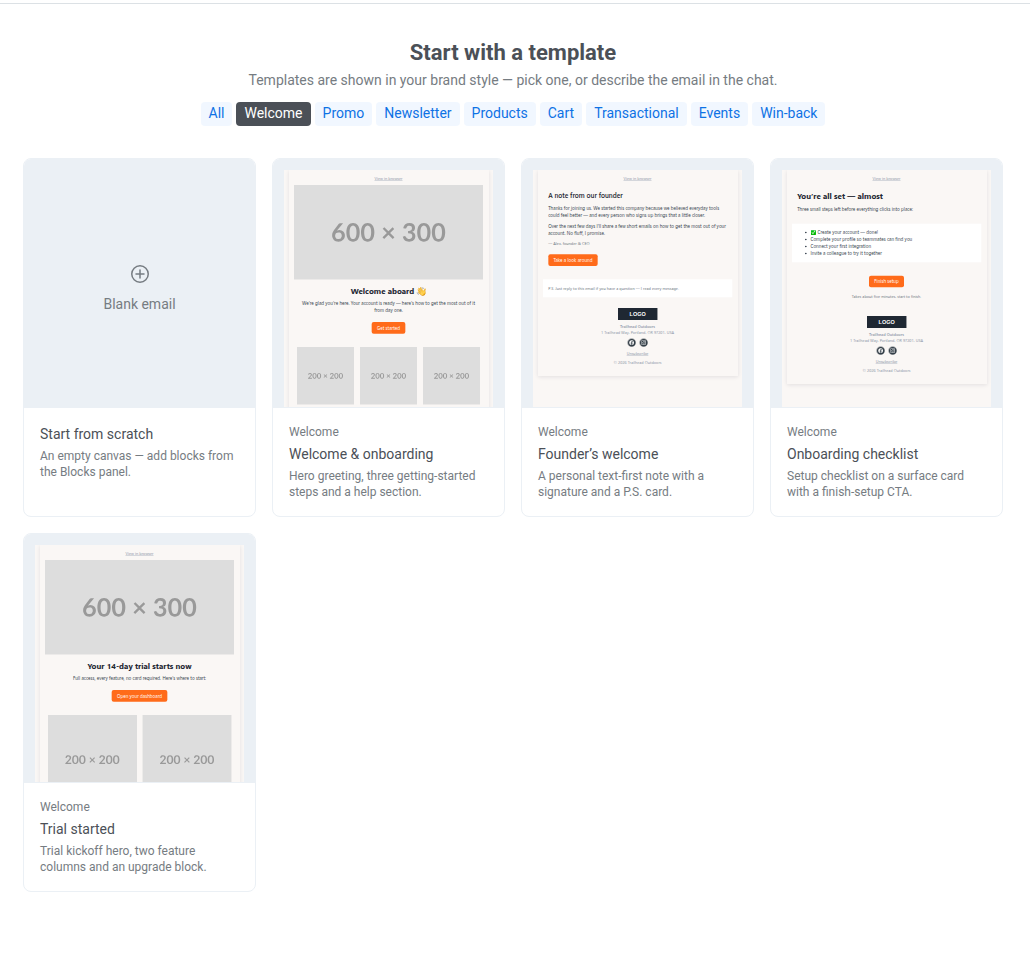 Галерея Start with a template, отфильтрованная по категории Welcome, с четырьмя плитками шаблонов