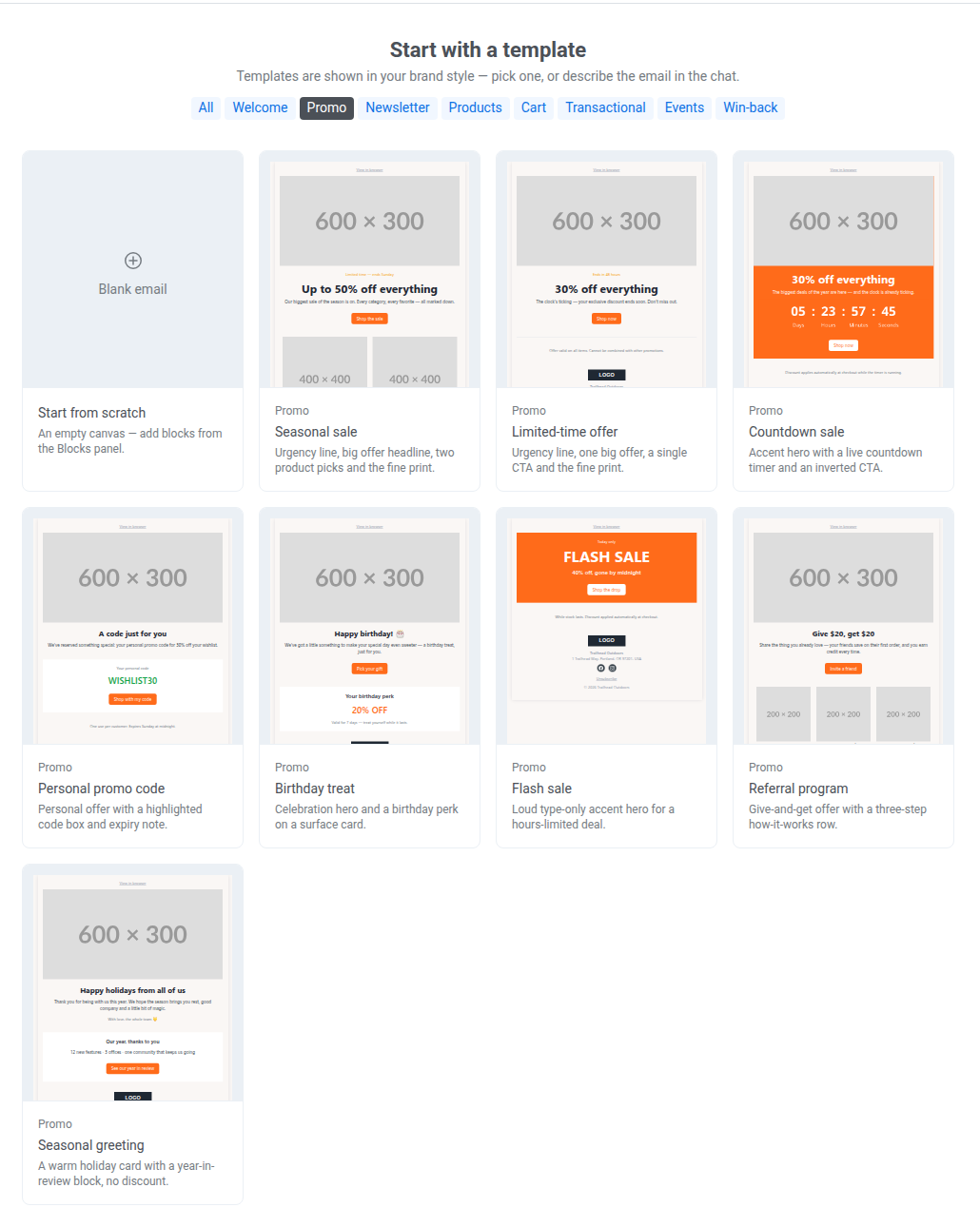 Галерея Start with a template, отфильтрованная по категории Promo, с восемью плитками шаблонов