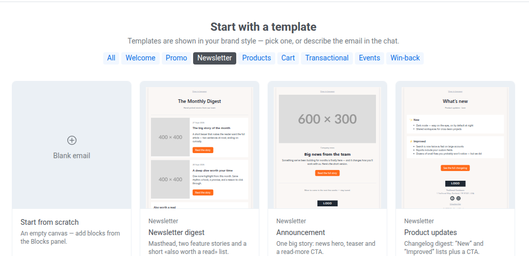 Галерея Start with a template, отфильтрованная по категории Newsletter, с тремя плитками шаблонов