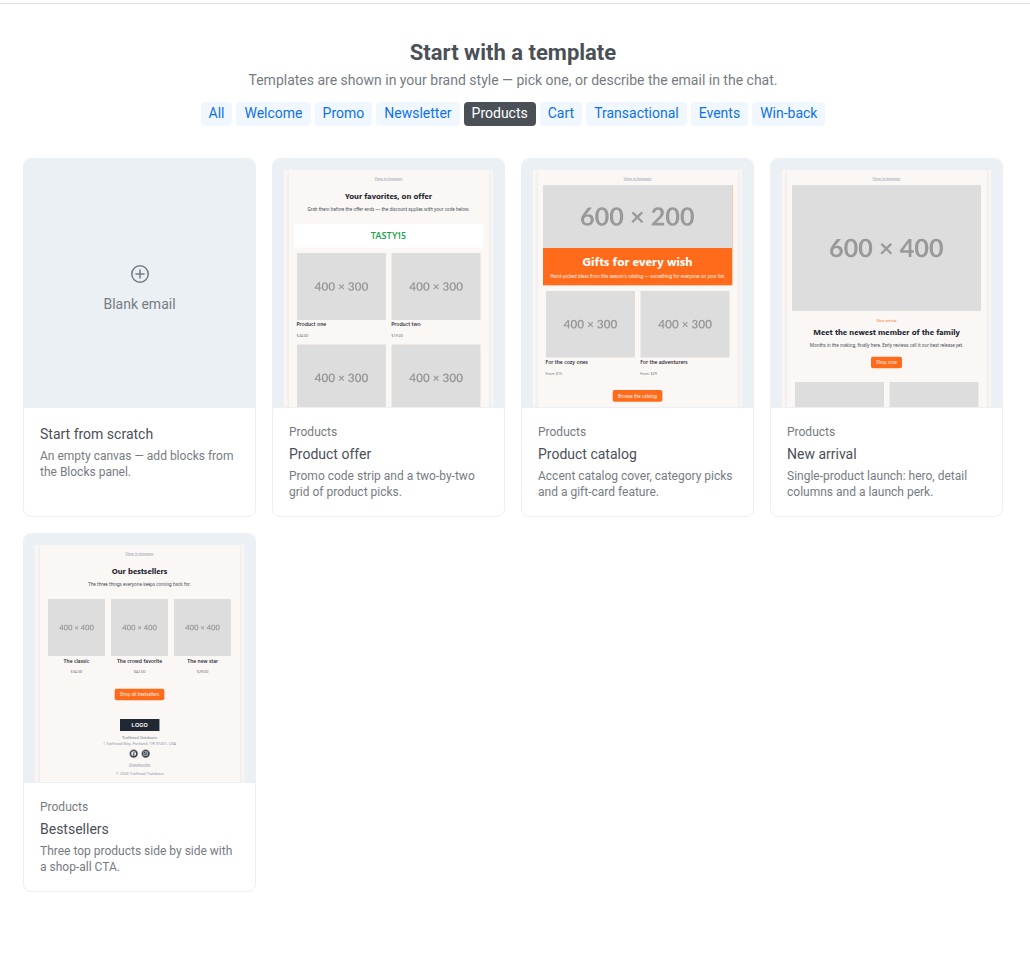 Галерея Start with a template, отфильтрованная по категории Products, с четырьмя плитками шаблонов