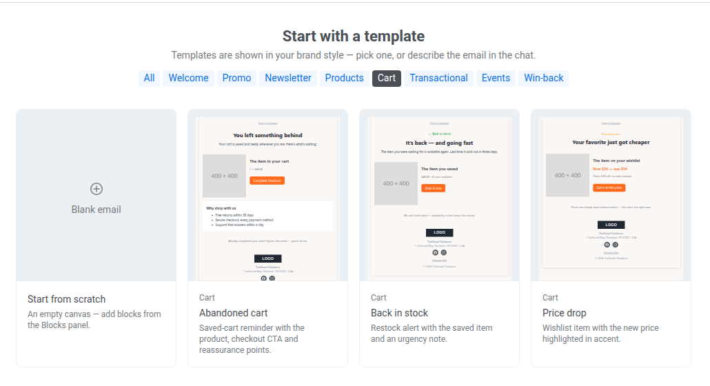 Галерея Start with a template, отфильтрованная по категории Cart, с тремя плитками шаблонов