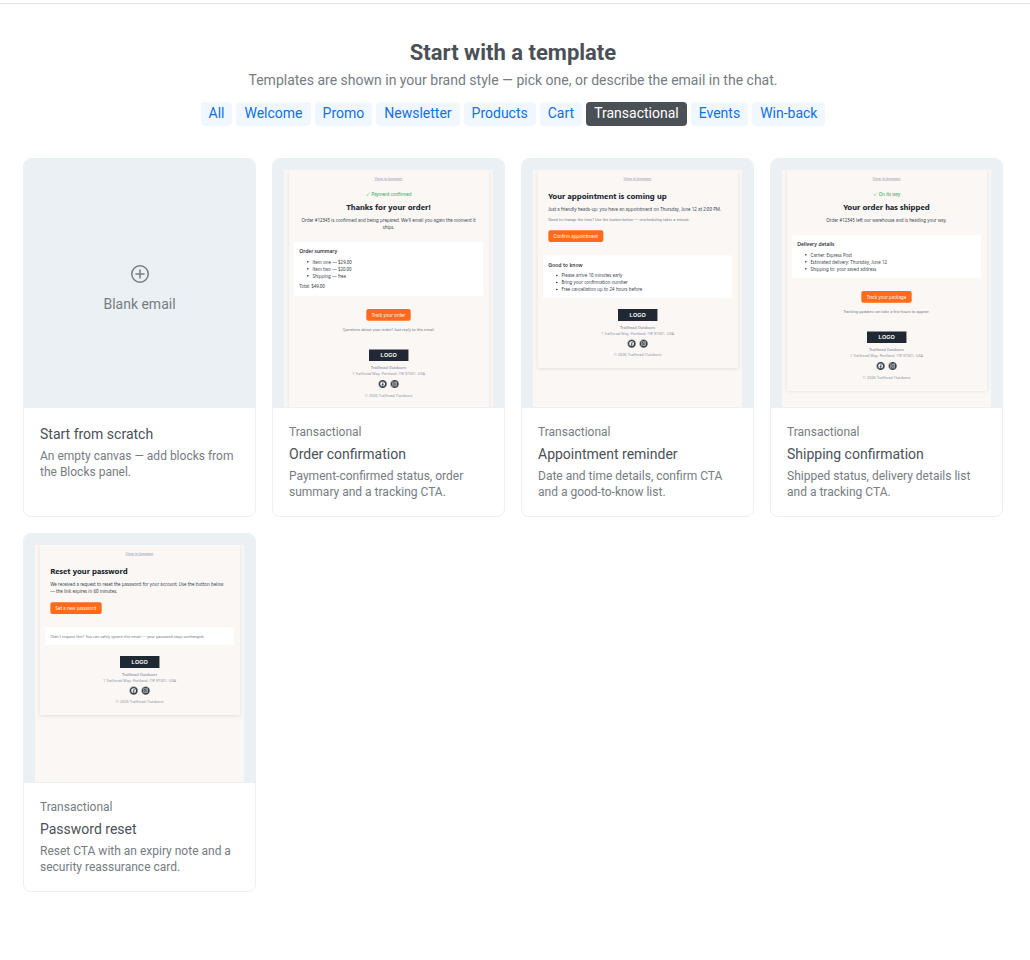 Галерея Start with a template, отфильтрованная по категории Transactional, с четырьмя плитками шаблонов