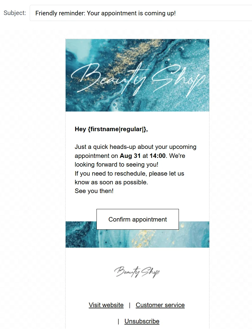 预约提醒邮件模板,包含预约详情和重新安排选项