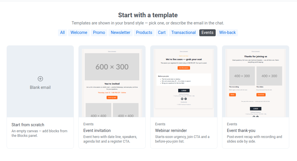 Галерея Start with a template, отфильтрованная по категории Events, с тремя плитками шаблонов