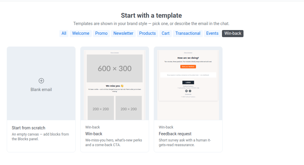 Галерея Start with a template, отфильтрованная по категории Win-back, с двумя плитками шаблонов