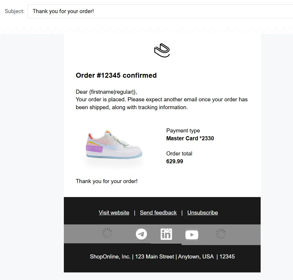 订单确认邮件模板,包含订单详情和跟踪信息
