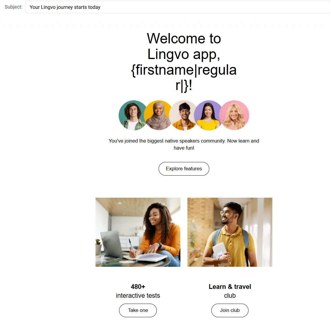 欢迎邮件模板,向新用户介绍应用功能和技巧