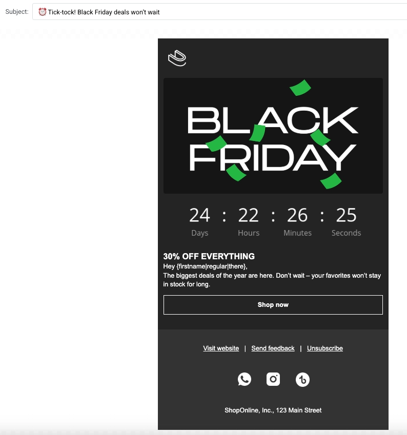 Black Friday promo email template with countdown timer showing time remaining for deal