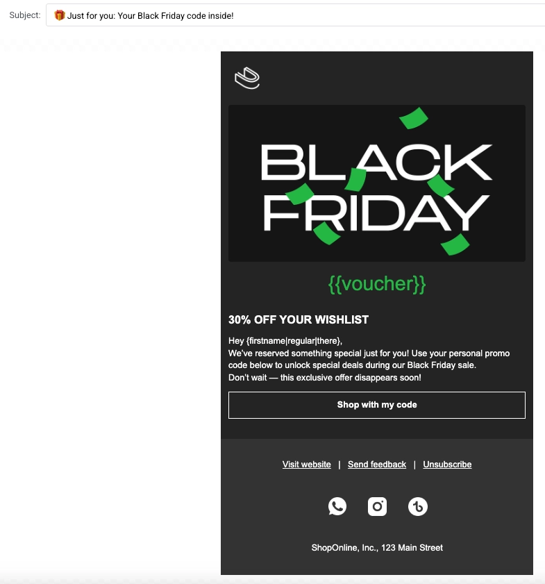 Black Friday promo email template with personalized voucher code offer