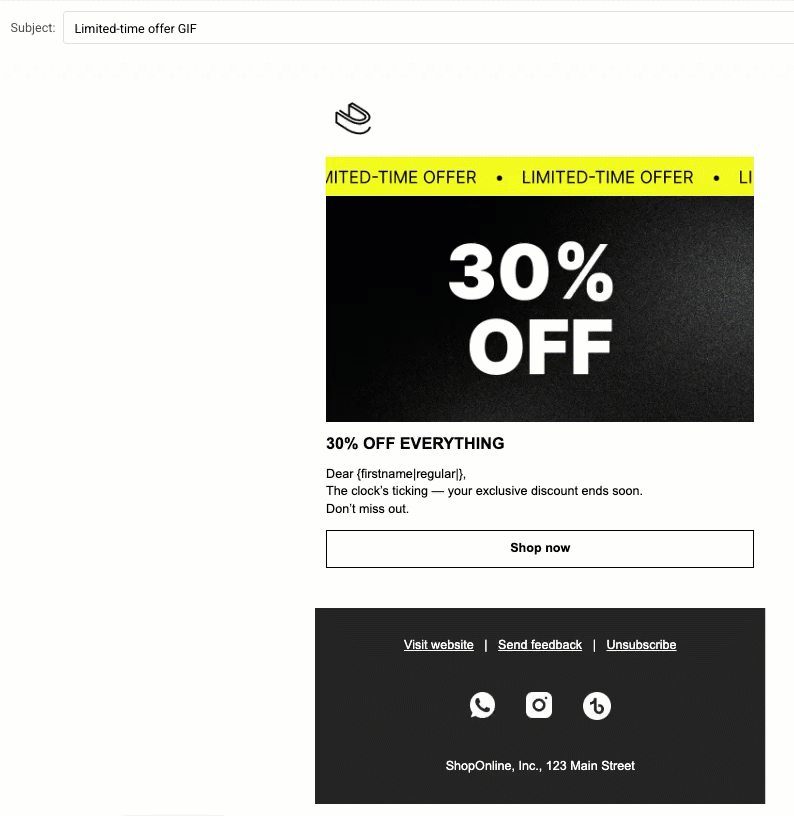Limited-time offer email template with animated GIF highlighting flash sale discount