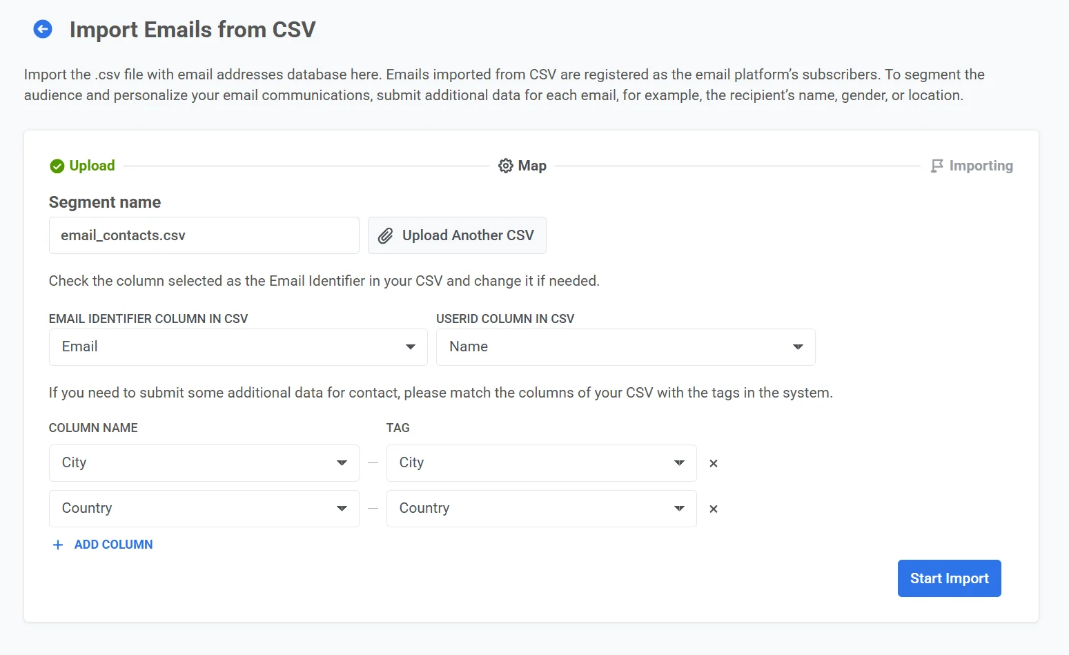 이메일 식별자, 사용자 ID, 태그 할당 옵션이 있는 열 매핑 인터페이스를 보여주는 CSV 가져오기 대화상자