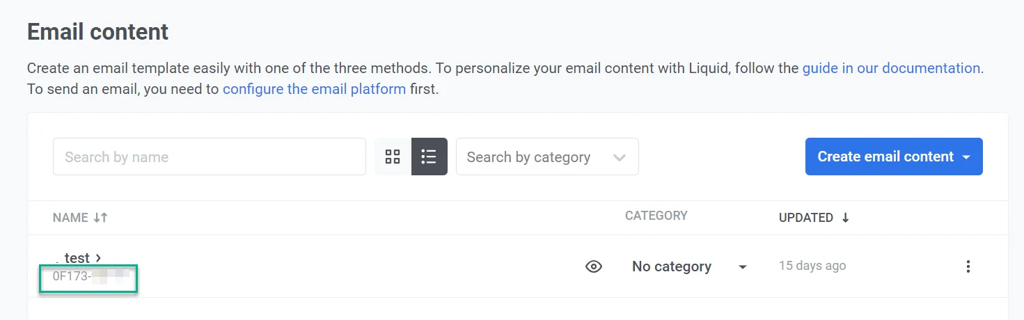 邮件内容 ID 显示,展示内容名称和唯一标识符
