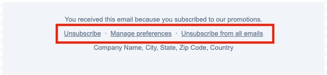 Email footer example with all three unsubscribe links: Unsubscribe, Manage preferences, Unsubscribe from all emails