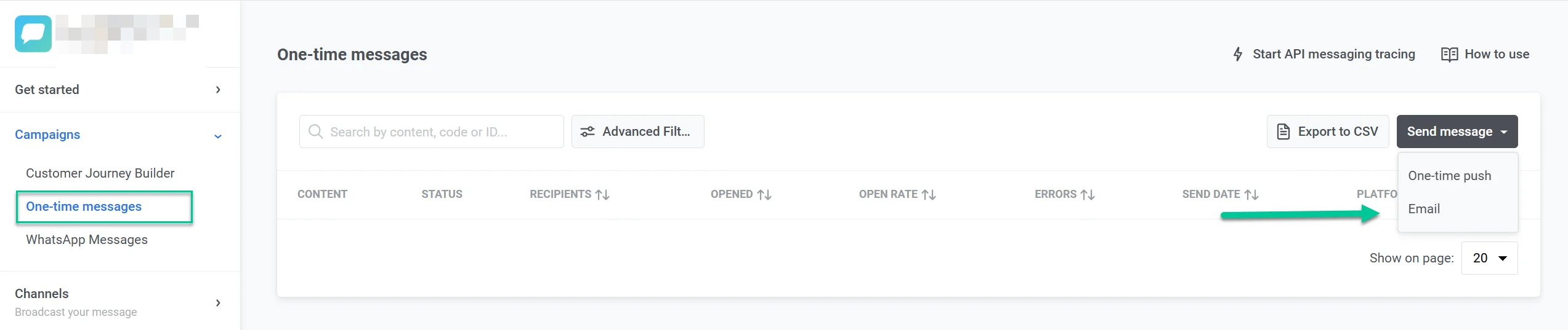 Menú de mensajería única que muestra la opción Enviar mensaje con la selección del canal Correo electrónico