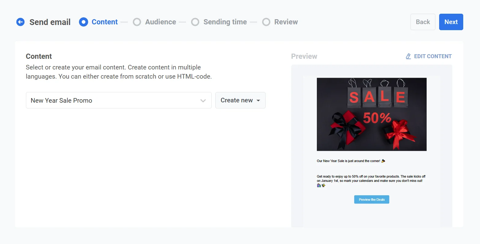 Selección de contenido de correo electrónico que muestra la plantilla de Promoción de Venta de Año Nuevo en el menú desplegable