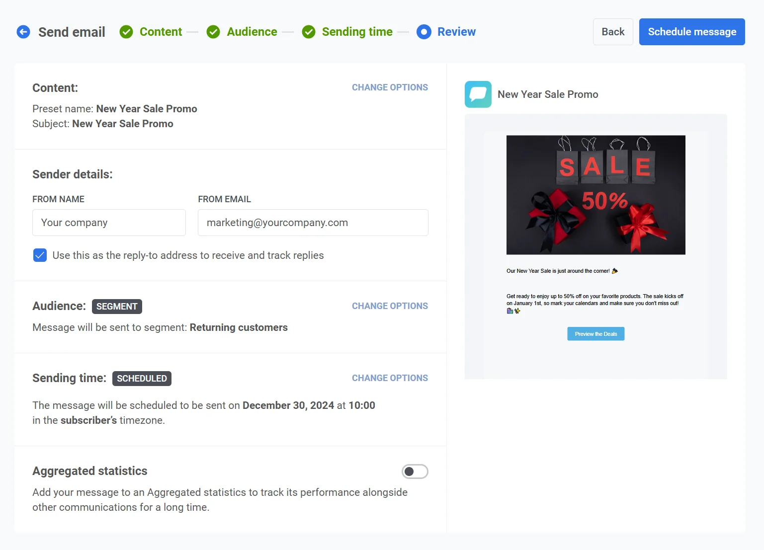 Pantalla de revisión de la campaña que muestra la hora programada, el segmento de audiencia y la vista previa del contenido del correo electrónico