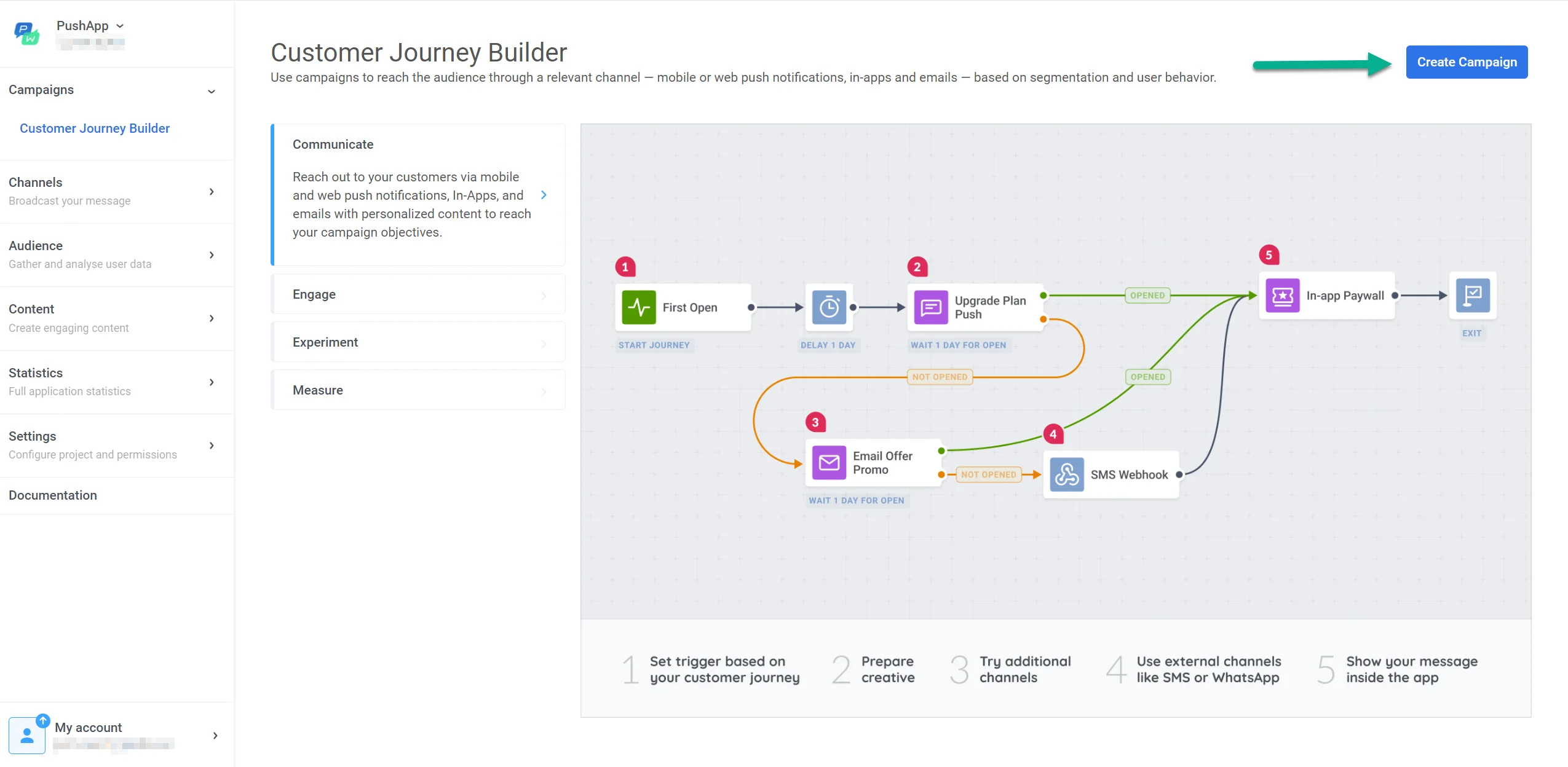 Creando una campaña con el Customer Journey Builder de Pushwoosh