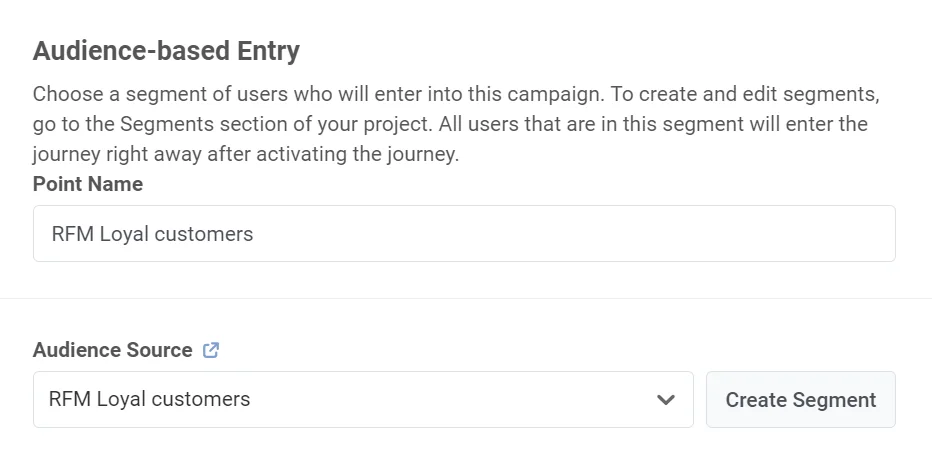 Diálogo de configuración del elemento Entrada basada en la audiencia que muestra las opciones de selección de segmento