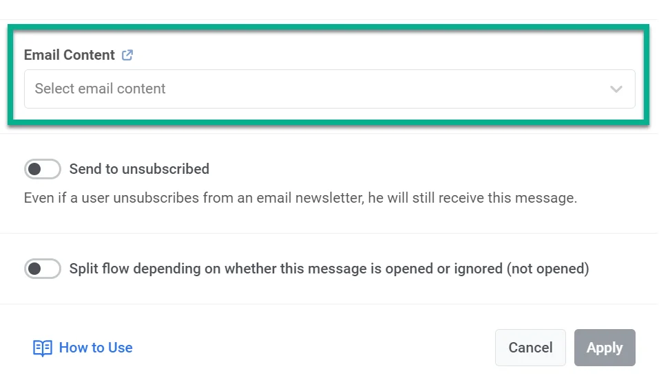 Menú desplegable de contenido de correo electrónico en el elemento del journey que muestra la lista de plantillas de correo electrónico disponibles