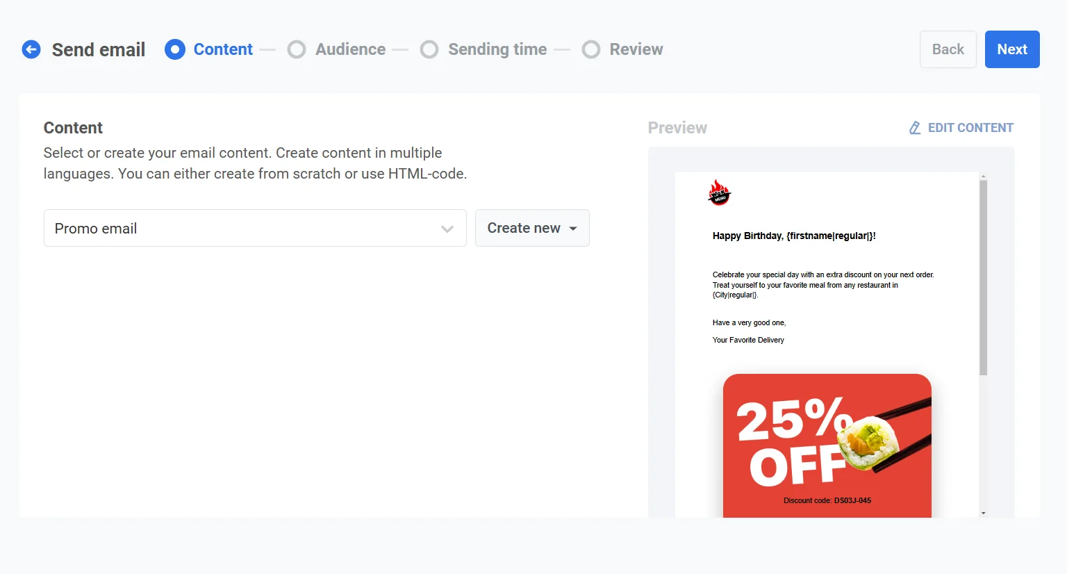 Menú desplegable de contenido de correo electrónico que muestra una lista de plantillas de correo electrónico preexistentes