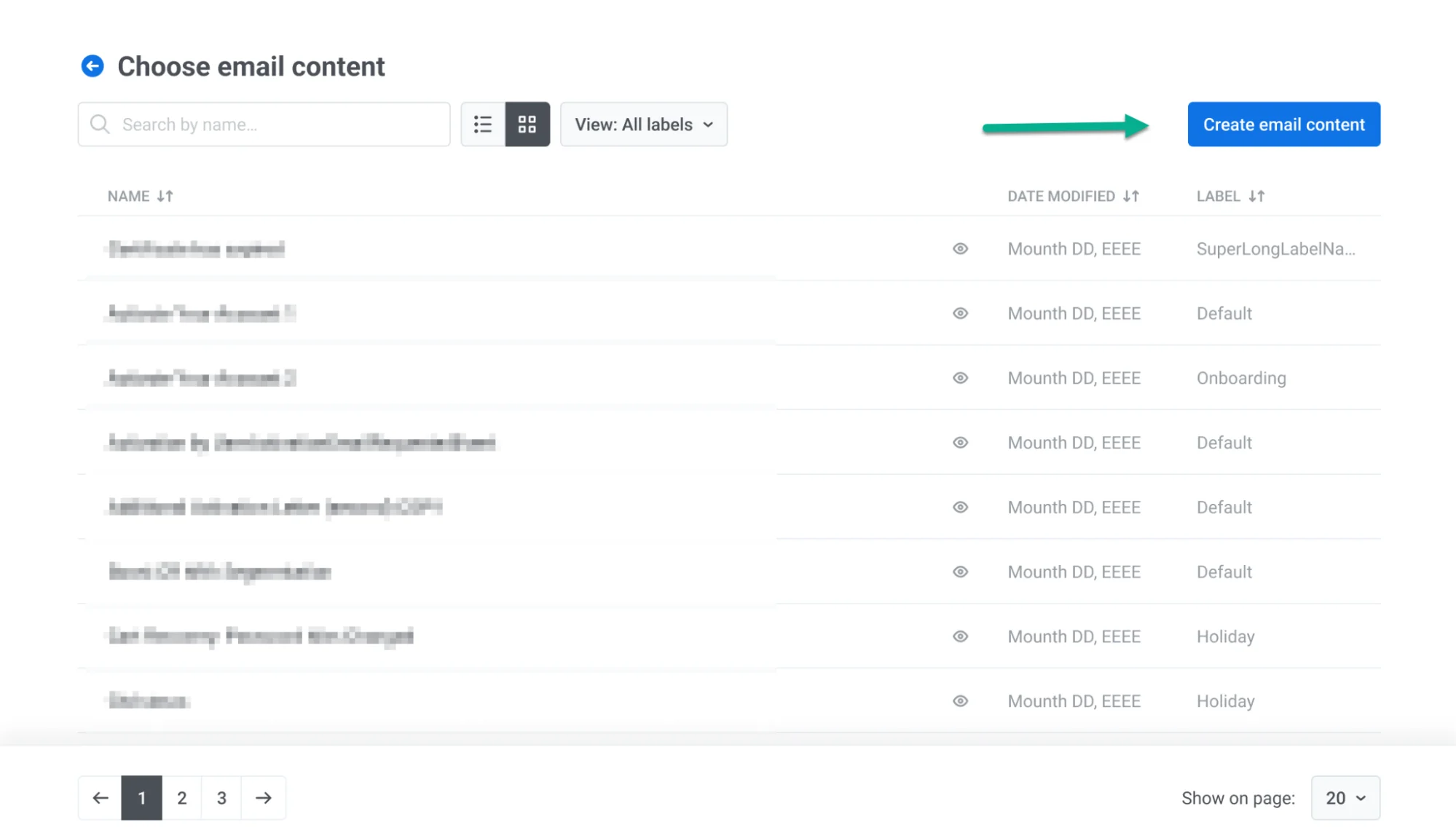 Botón Crear contenido de correo electrónico en la ventana de la biblioteca de contenido de correo electrónico