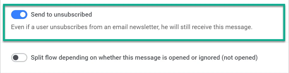 Opción de alternancia Enviar a no suscritos en la configuración del elemento de correo electrónico