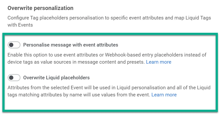 Interfaz de personalización de correo electrónico que muestra atributos de eventos y opciones de Liquid Templates
