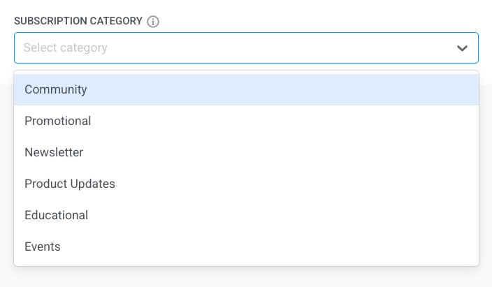 Subscription category dropdown with options such as Community, Promotional, Newsletter in email campaign form