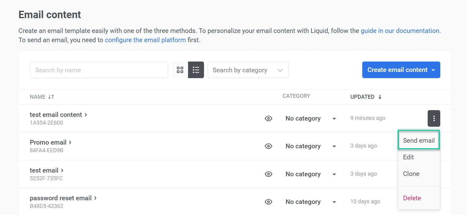Botón Enviar correo electrónico junto al contenido de correo electrónico creado en la lista de contenido