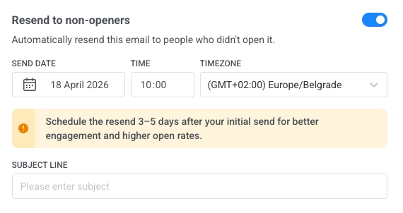 Review step with Add resend email to non-openers enabled, showing send date, time, timezone, and follow-up subject line