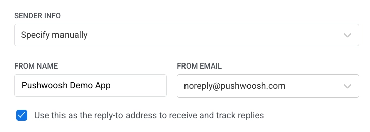 Настройки информации об отправителе в элементе Email с опциями «Указать вручную» и «Из пресета»