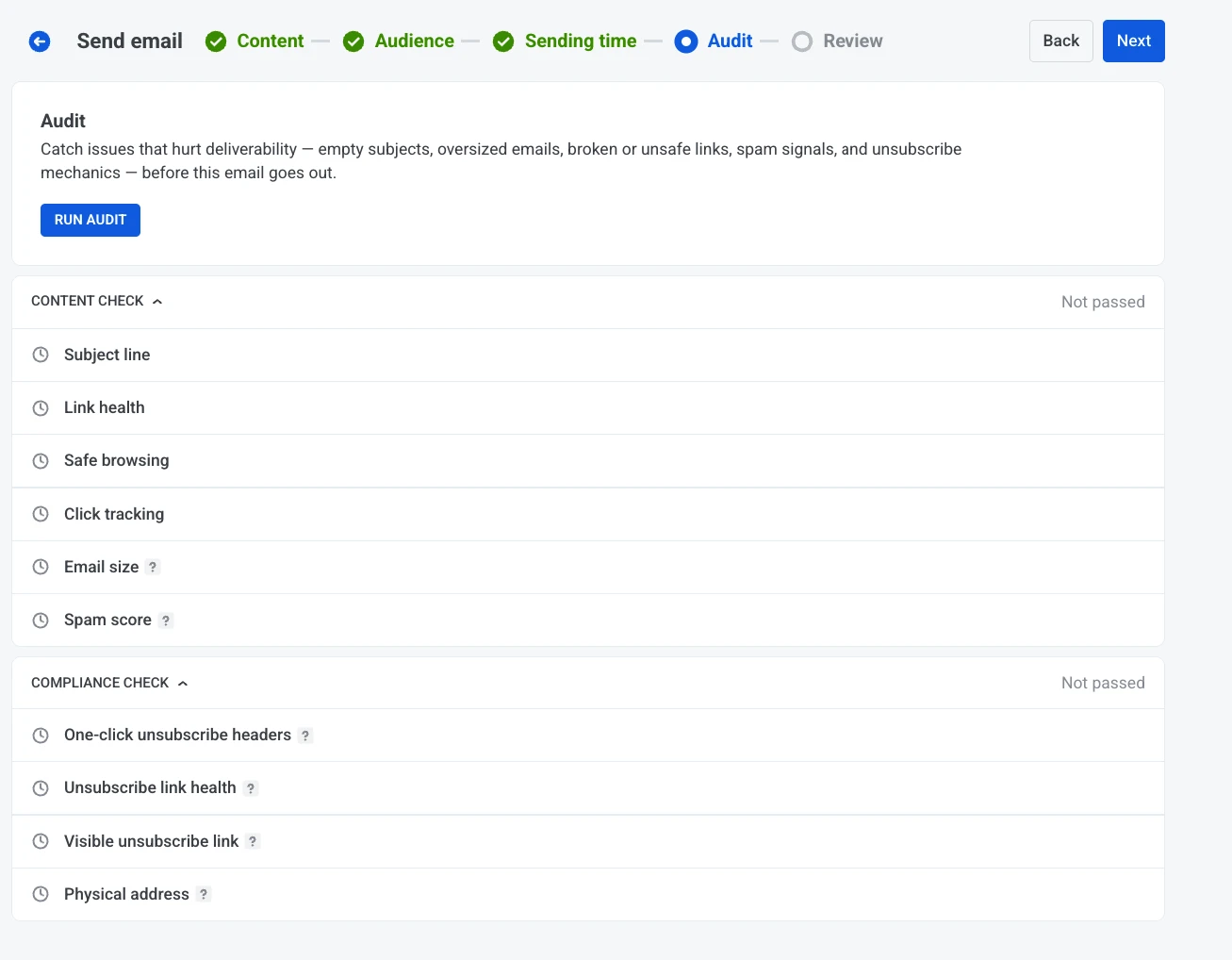 Email send form-এ Content ও Compliance check সহ Audit your email step
