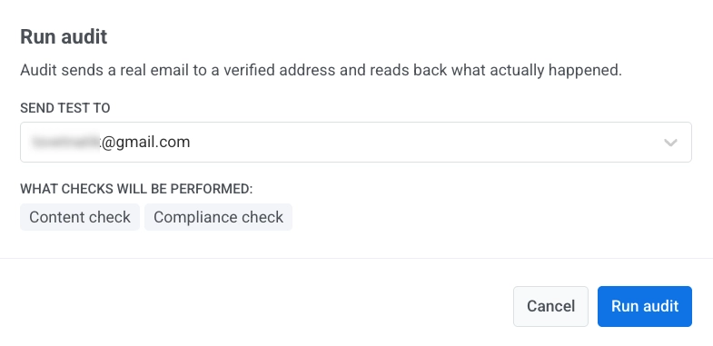 Run audit dialog with Send test to dropdown, Manage addresses link, and Run audit button in one-time email wizard