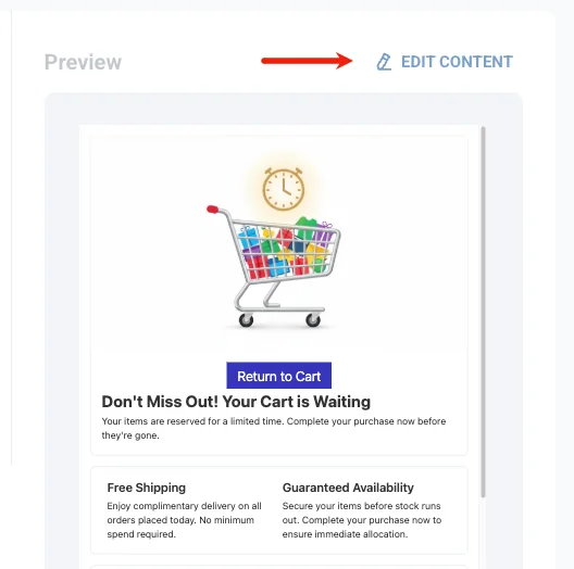 Content step preview with Edit content button above the email preview