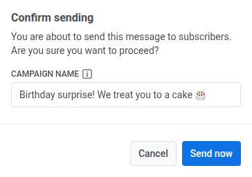 Confirm sending dialog with Campaign name field prefilled from the email's subject line