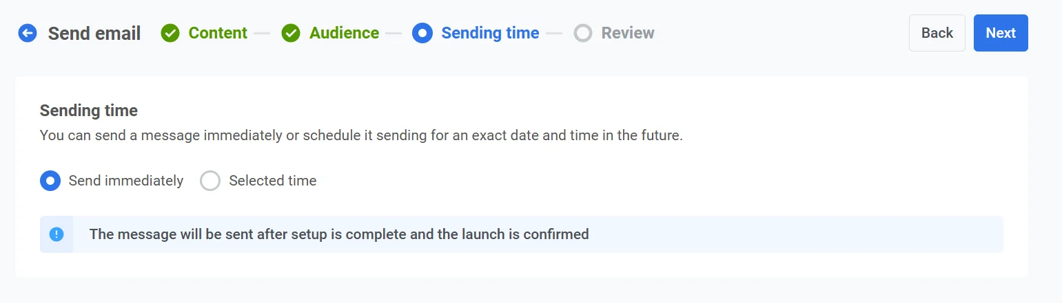 Opción Enviar inmediatamente seleccionada en la configuración de programación de correo electrónico