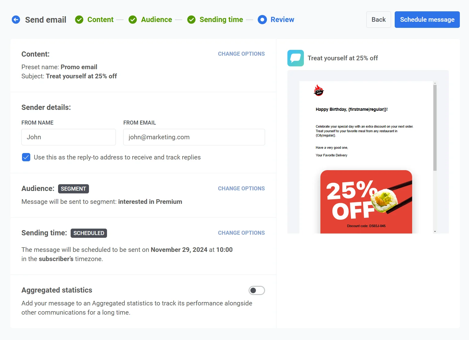 Pantalla de revisión y confirmación que muestra la vista previa del correo electrónico, la configuración de la campaña y las opciones de programación