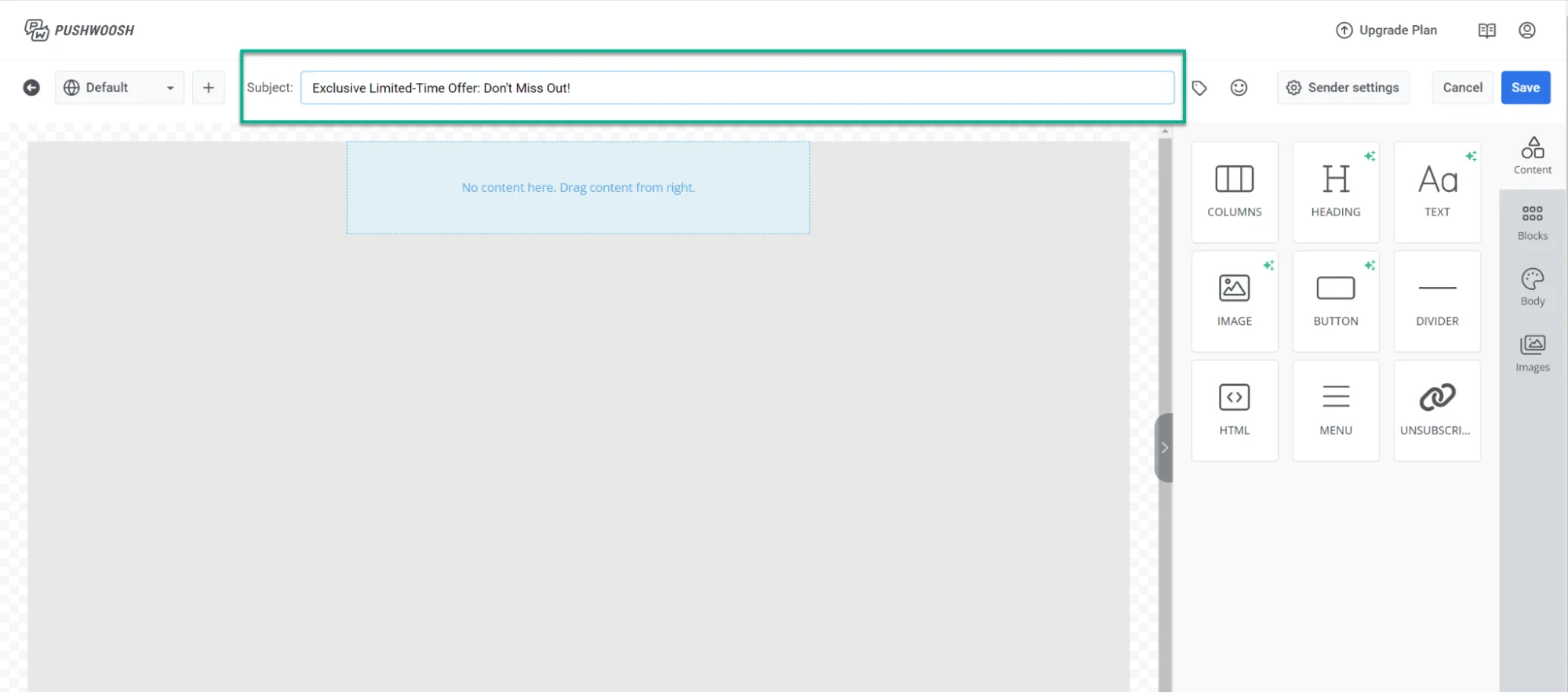 Campo de entrada de la línea de asunto en el editor de correo electrónico